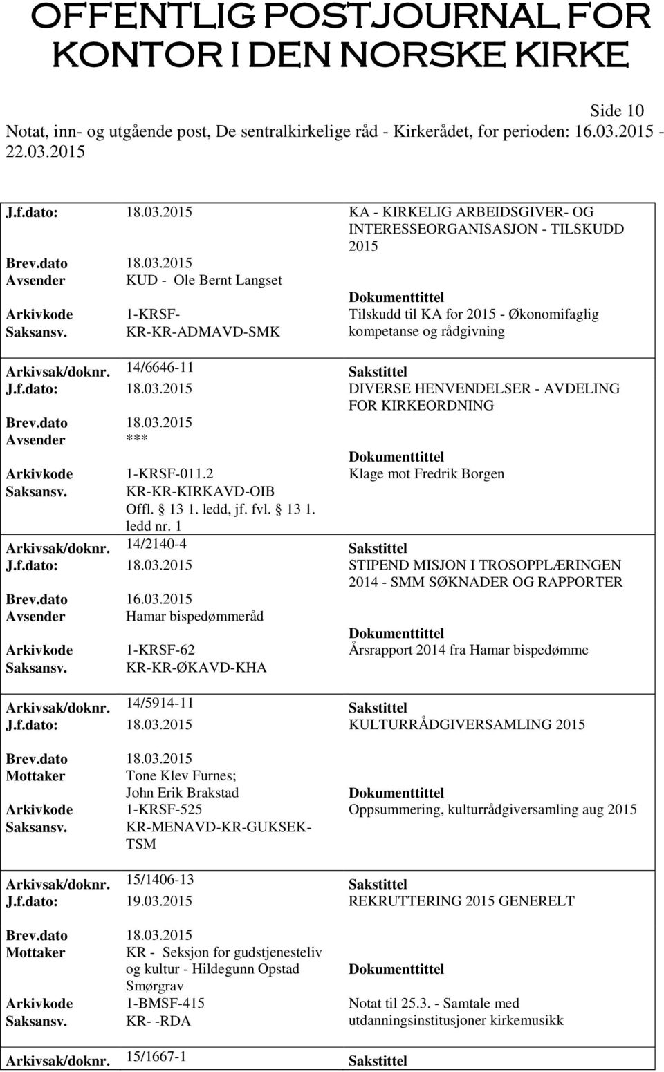 KR-KR-KIRKAVD-OIB Offl. 13 1. ledd, jf. fvl. 13 1. ledd nr. 1 Arkivsak/doknr. 14/2140-4 Sakstittel J.f.dato: 18.03.