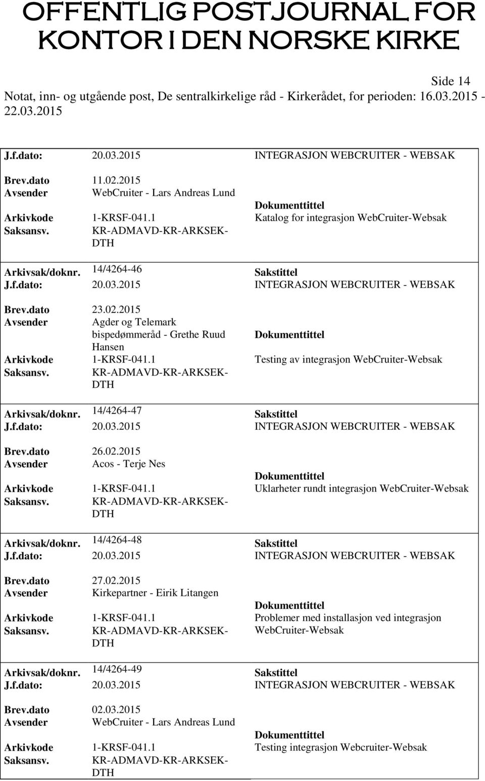 1 Uklarheter rundt integrasjon WebCruiter-Websak Arkivsak/doknr. 14/4264-48 Sakstittel Brev.dato 27.02.2015 Avsender Kirkepartner - Eirik Litangen Arkivkode 1-KRSF-041.