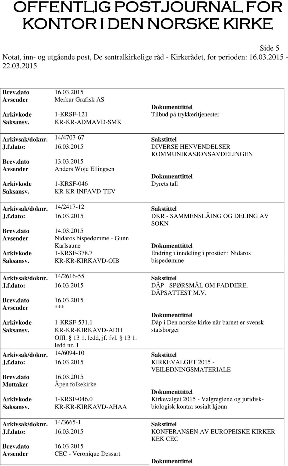 7 Endring i inndeling i prostier i Nidaros Saksansv. KR-KR-KIRKAVD-OIB bispedømme Arkivsak/doknr. 14/2616-55 Sakstittel J.f.dato: 16.03.2015 DÅP - SPØRSMÅL OM FADDERE, DÅPSATTEST M.V. Avsender *** Arkivkode 1-KRSF-531.