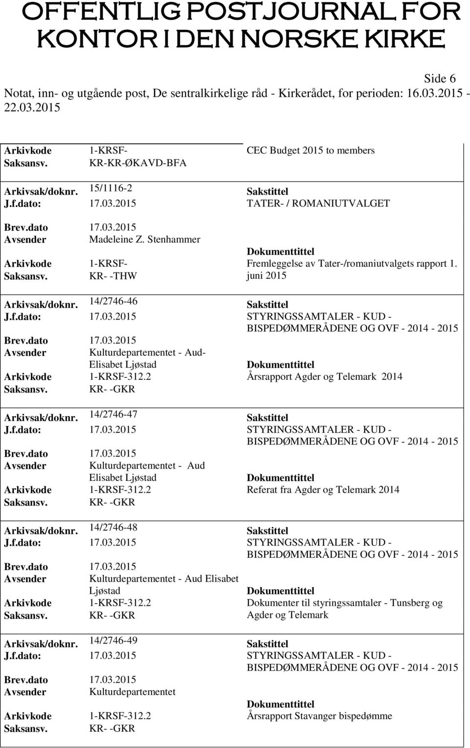 2015 STYRINGSSAMTALER - KUD - Avsender Kulturdepartementet - Aud- Elisabet Ljøstad Arkivkode 1-KRSF-312.2 Årsrapport Agder og Telemark 2014 Arkivsak/doknr. 14/2746-47 Sakstittel J.f.dato: 17.03.