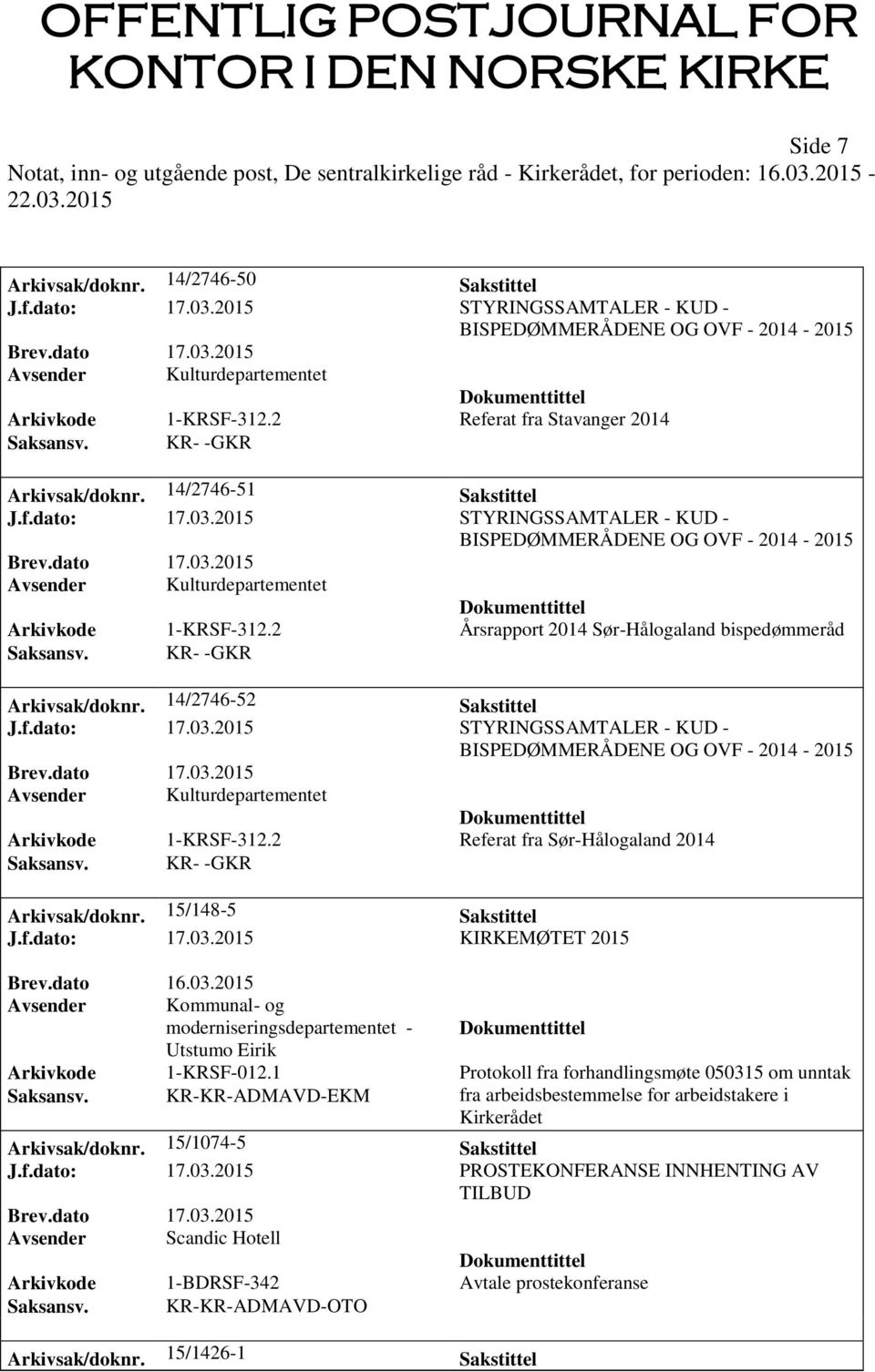 14/2746-52 Sakstittel J.f.dato: 17.03.2015 STYRINGSSAMTALER - KUD - Avsender Kulturdepartementet Arkivkode 1-KRSF-312.2 Referat fra Sør-Hålogaland 2014 Arkivsak/doknr. 15/148-5 Sakstittel J.f.dato: 17.03.2015 KIRKEMØTET 2015 Avsender Kommunal- og moderniseringsdepartementet - Utstumo Eirik Arkivkode 1-KRSF-012.