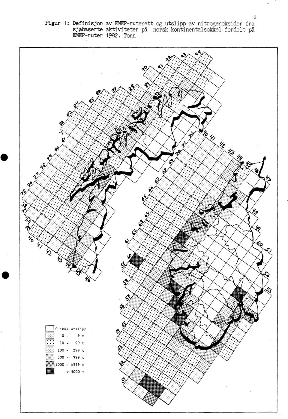 kontinentalsokkel fordelt på EMEP -ruter 1982.