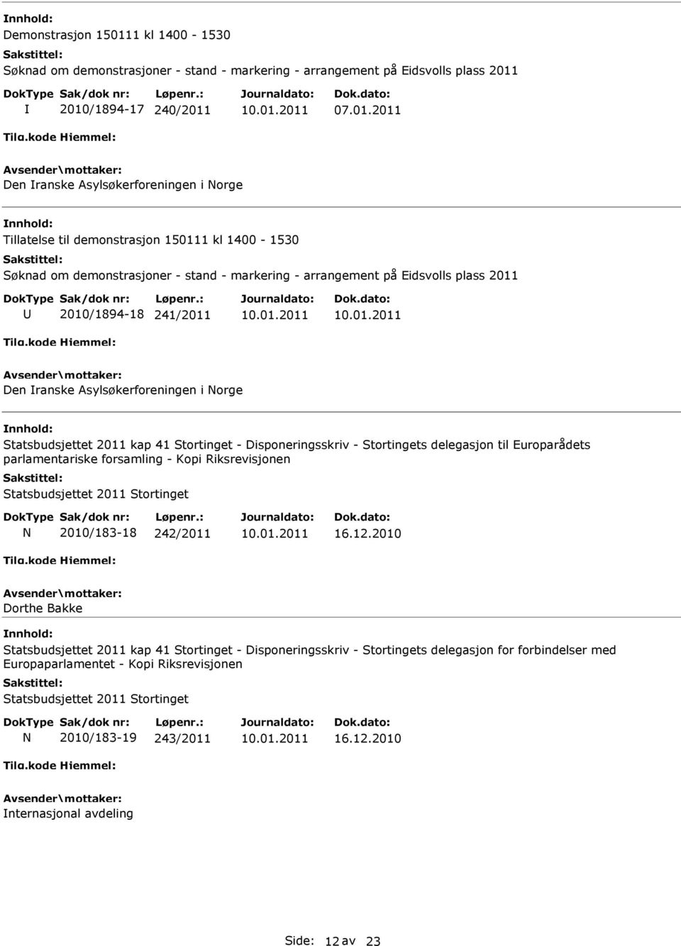 2010/1894-17 240/2011 07.01.2011 Den ranske Asylsøkerforeningen i orge Tillatelse til demonstrasjon 15011 2010/1894-18 241/2011 Den ranske Asylsøkerforeningen i orge Statsbudsjettet 2011 kap 41