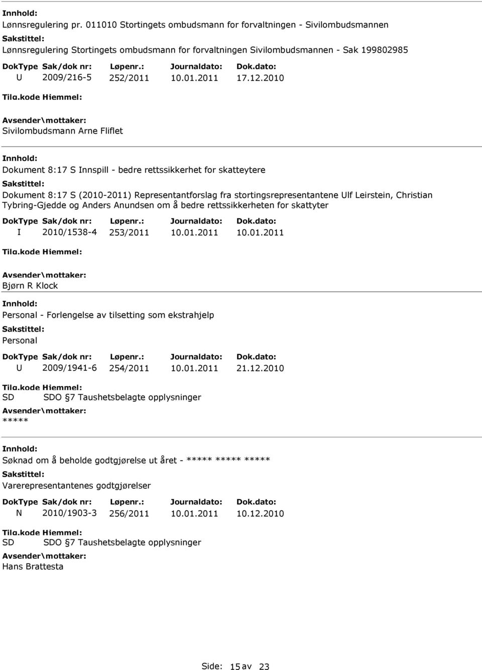 2010 Sivilombudsmann Arne Fliflet Dokument 8:17 S nnspill - bedre rettssikkerhet for skatteytere Dokument 8:17 S (2010-2011) Representantforslag fra stortingsrepresentantene lf Leirstein, Christian