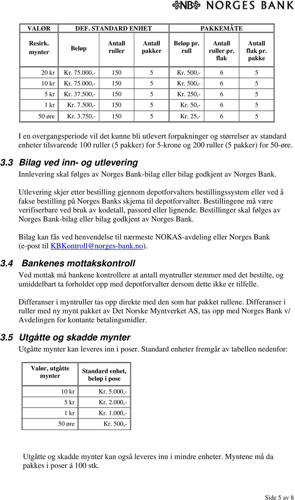 25,- 6 5 I en overgangsperiode vil det kunne bli utlevert forpakninger og størrelser av standard enheter tilsvarende 100 ruller (5 pakker) for 5-krone og 200 ruller (5 pakker) for 50-øre. 3.