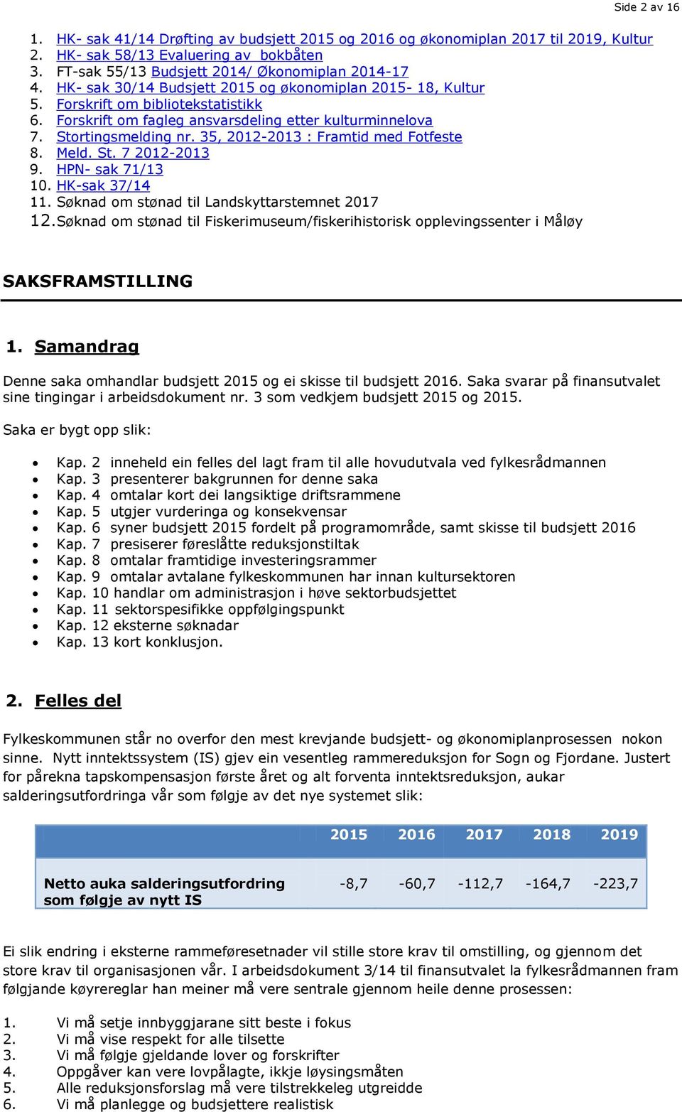 35, 2012-2013 : Framtid med Fotfeste 8. Meld. St. 7 2012-2013 9. HPN- sak 71/13 10. HK-sak 37/14 11. Søknad om stønad til Landskyttarstemnet 2017 12.