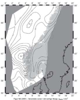 2.5.7 Jordskjelv Figur NA.3(901) angir seismiske soner i Norge, a g40hz Tabell NA.3.3 angir verdier for parametere som beskriver de anbefalte elastiske responsspektrene Tabell 3.
