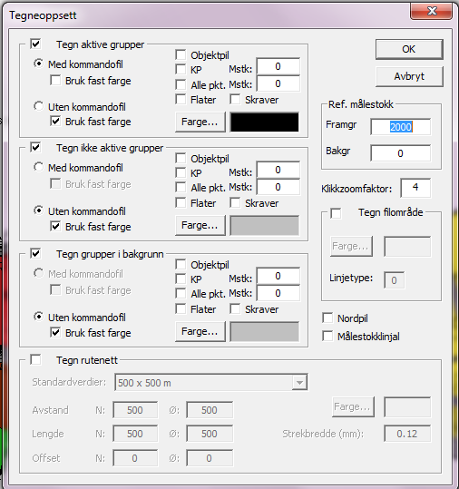 tegneoppsett Innstillinger for hvilken målestokk vi vil bruke ved opptegning med tegnereglene. 1. Gi menyvalg Tegn/Oppsett 2. Skriv inn målestokk fra boksen > Ref.