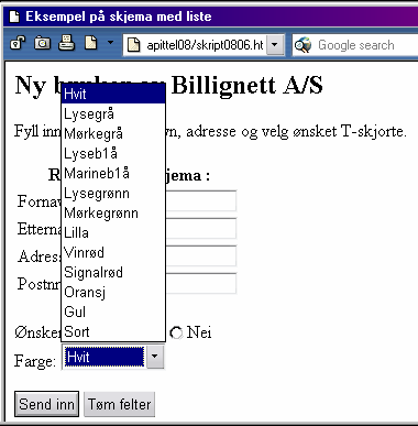 Skjemaer i HTML <form action="http://stud-vevtjener/kursform.asp" method="post"> <input type="hidden" name="tiladr" value="jarleha@stud.hisf.