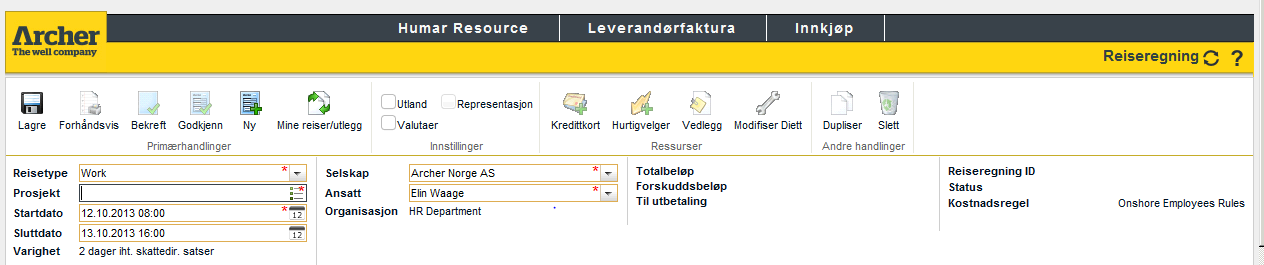 Enter Project Legg in Prosjekt Click «Project» to display Project Navigator Choose the project the expense shall be charged to from pull-down menu.