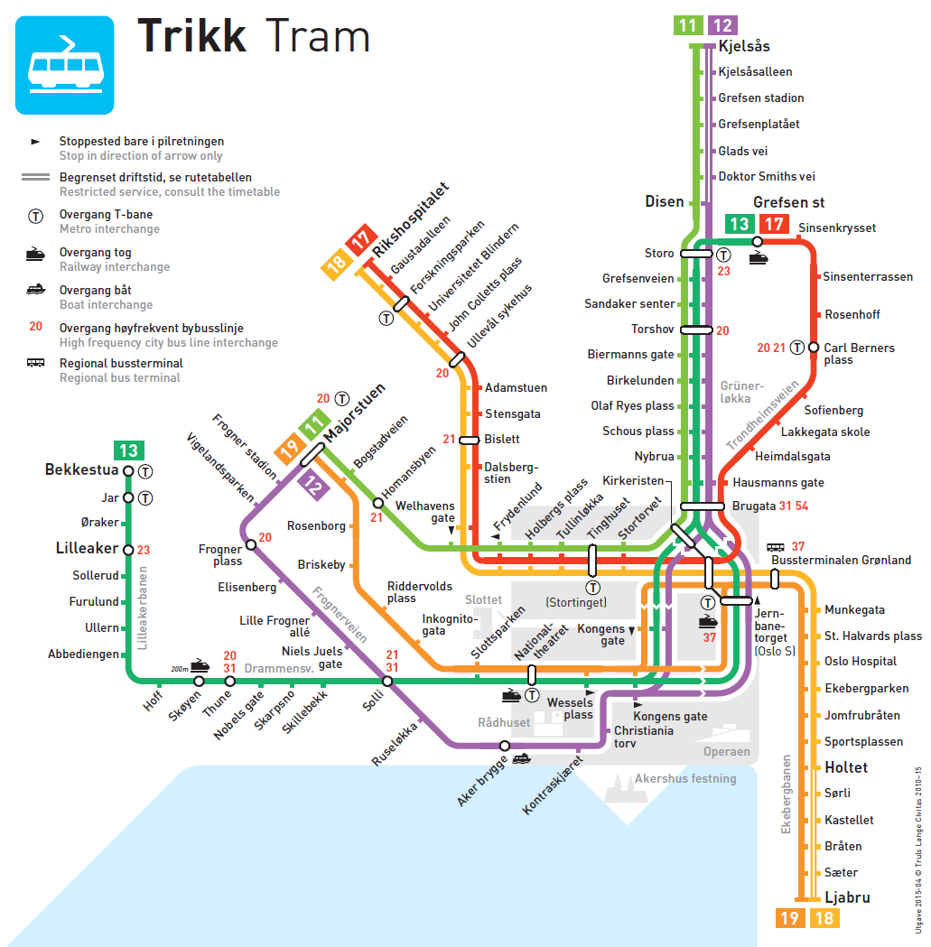 Figur 2-4: Linjekart for trikk. (Ruter 2015 04). 2.1.3 Trikk Trikken har de siste ti årene hatt en gjennomsnittlig årlig vekst på 5,5 prosent, mye på grunn av høyere frekvens og et mer ettertraktet rutetilbud.