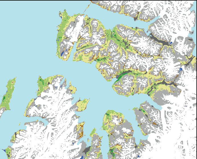 I s f j o r d e n Longyearbyen!(!(!(!(!(!(!( Lengden på vekstsesongen < 50 dager 50-60 dager 60-70 dager > 70 dager Uten/lite vegetasjon (NDVI < 0,2) 10 km V a n M i j e n f j o r d e n Figur 10.