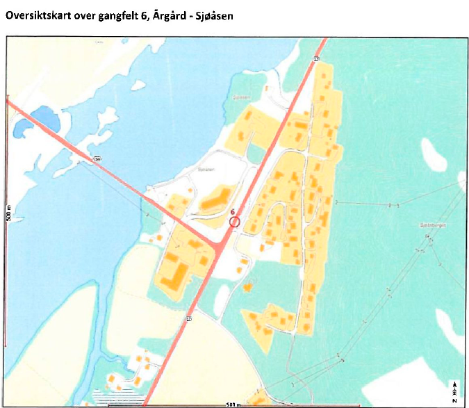 Gangfelt Gangfelt 6: Årgård- Sjøåsen Forslag til tiltak Gangfeltet ligger på en rettstrekning med fartsgrense 60 km/t.