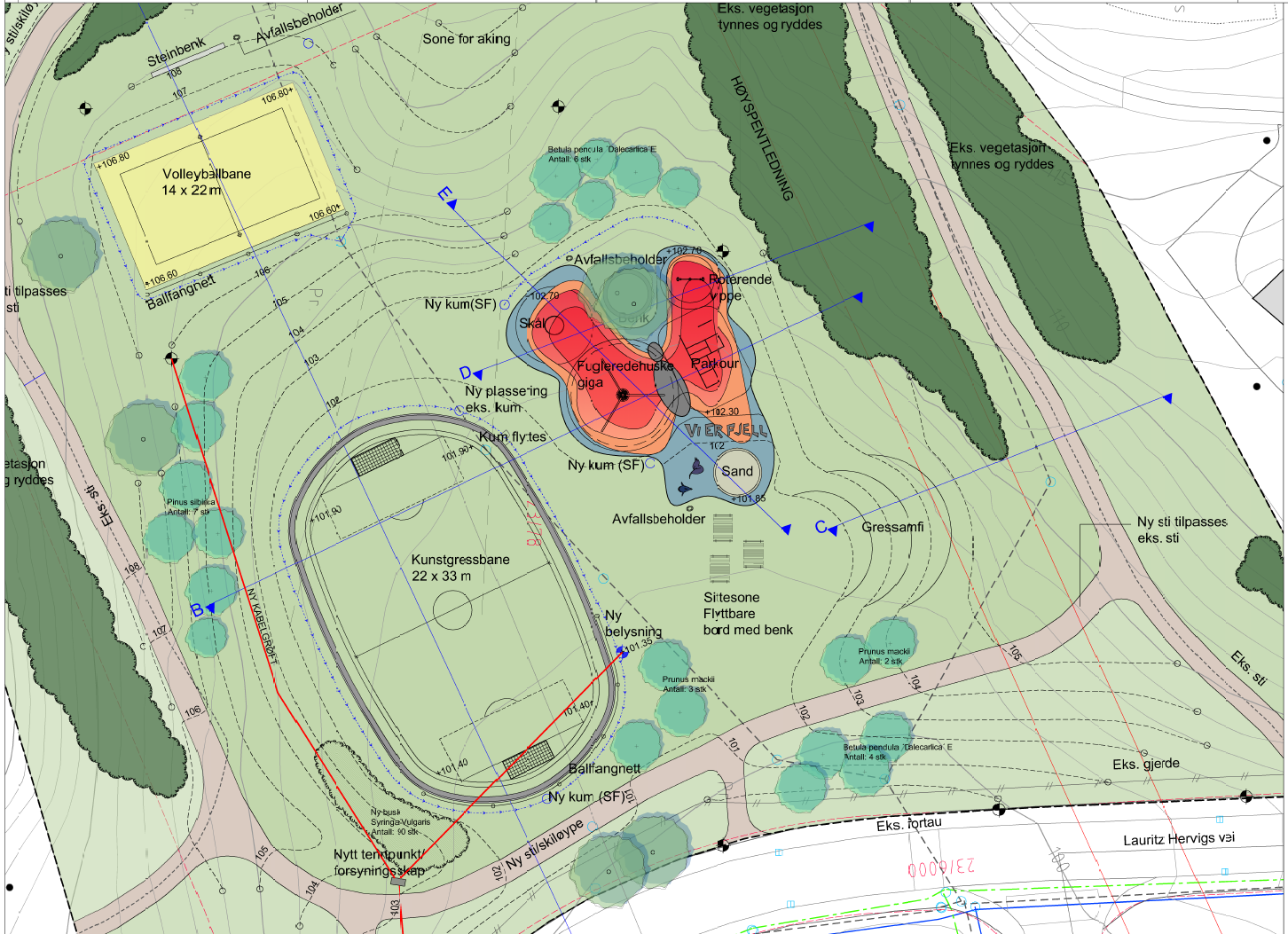 Belysning fornyes og noen nye stolper settes inn. Detaljplan for utforming av Dumpa, nedre del.