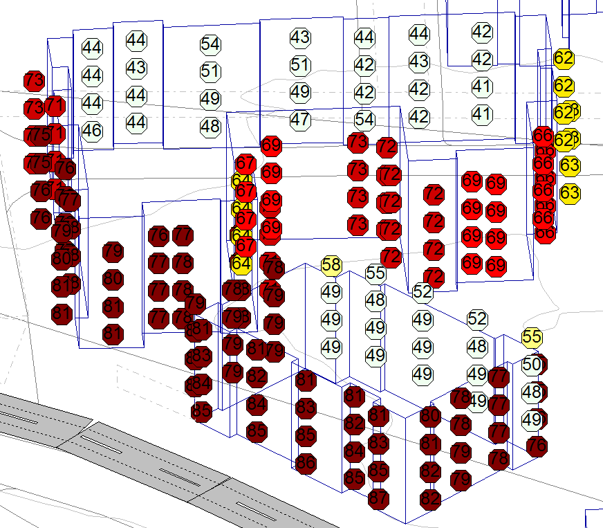 6/6 HANSKEMAKARGÅRDEN Figur 3# Punktberegninger av L 5AF på fasade Beregnet maksimalt støynivå utenfor soverom overstiger grenseverdien på mest utsatte fasader, se figur 3.