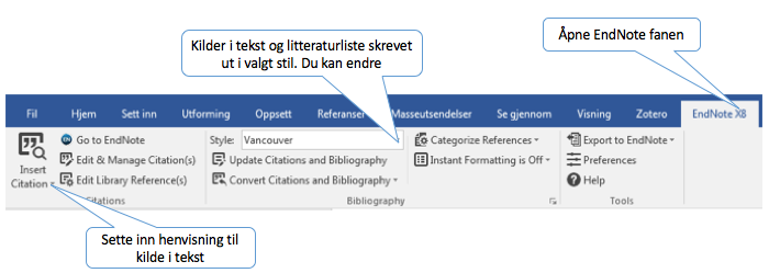 5. Word og EndNote 1. EndNotes verktøylinje, «Cite While You Write» (CWYW), hjelper deg med å sette inn henvisninger (citations) i din tekst, hentet fra dine kilder i EndNote. 2.