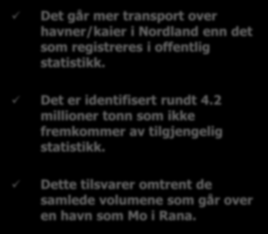 Havn 5 000 000 4 500 000 Narvik: 20.965.394 tonn i 2014 Det går mer transport over havner/kaier i Nordland enn det som registreres i offentlig statistikk.