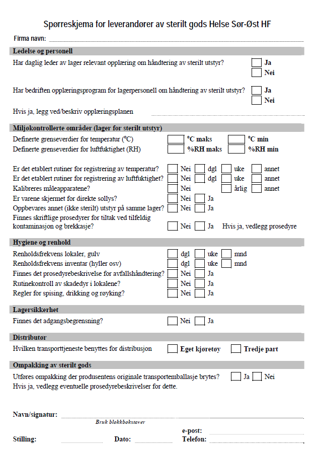 4.8 Spørreskjema for leverandører av steril gods Helse Sør Øst Helse