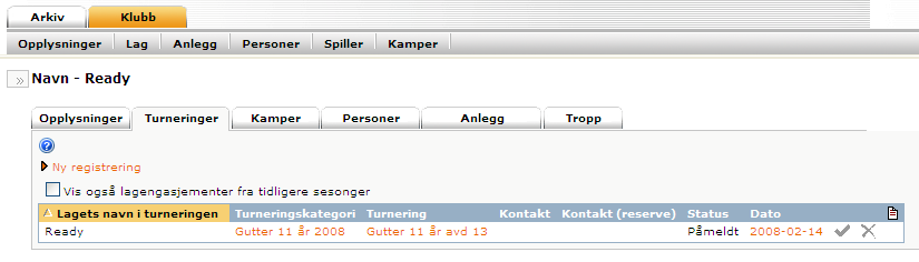 9.2 Oppdatere laginformasjon 1. Klikk på Opplysninger for å administrere lagets opplysninger 2. Klikk på Turneringer for å administrere hvilke turneringer laget skal delta i (lagpåmelding ref. 13).