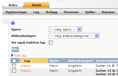 9.3 Opprette nytt lag Hvis klubben ønsker å opprette et nytt lag innunder sin klubb så kan det gjøres på følgende måte. 1. Finn frem oversikten over klubbens lag (ref. 9.1 / 11.1) 2.