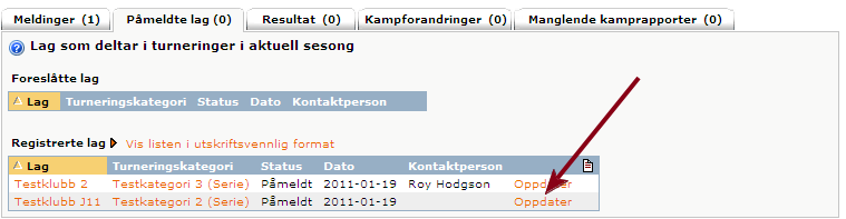 3. Klubbadministrator kan nå Oppdatere påmeldingen via Oppdater NB! Oppdater har begrensninger hvis påmeldingsfristen har utløpt.