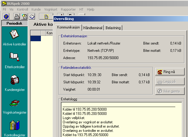 FEILSØKING I BUSpek2000 Klargjort for overføring til BUS AS og det skjer ikke noe mer. 1) gå på Fil og Overvåking og trykk på knapp Ring nå Forklaring på eventuelle feil.