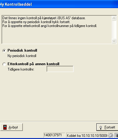 REGISTRERING AV EN PERIODISK KONTROLL Trykk på denne knapen. Reg. nr og de fire siste posisjoner av chassis nr. må utfylles.