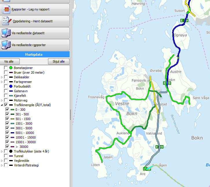 11 3.3 Generell presentasjon av analyse og ulykkessituasjonen Kartet viser trafikkmengde på vegnettet i Bokn.