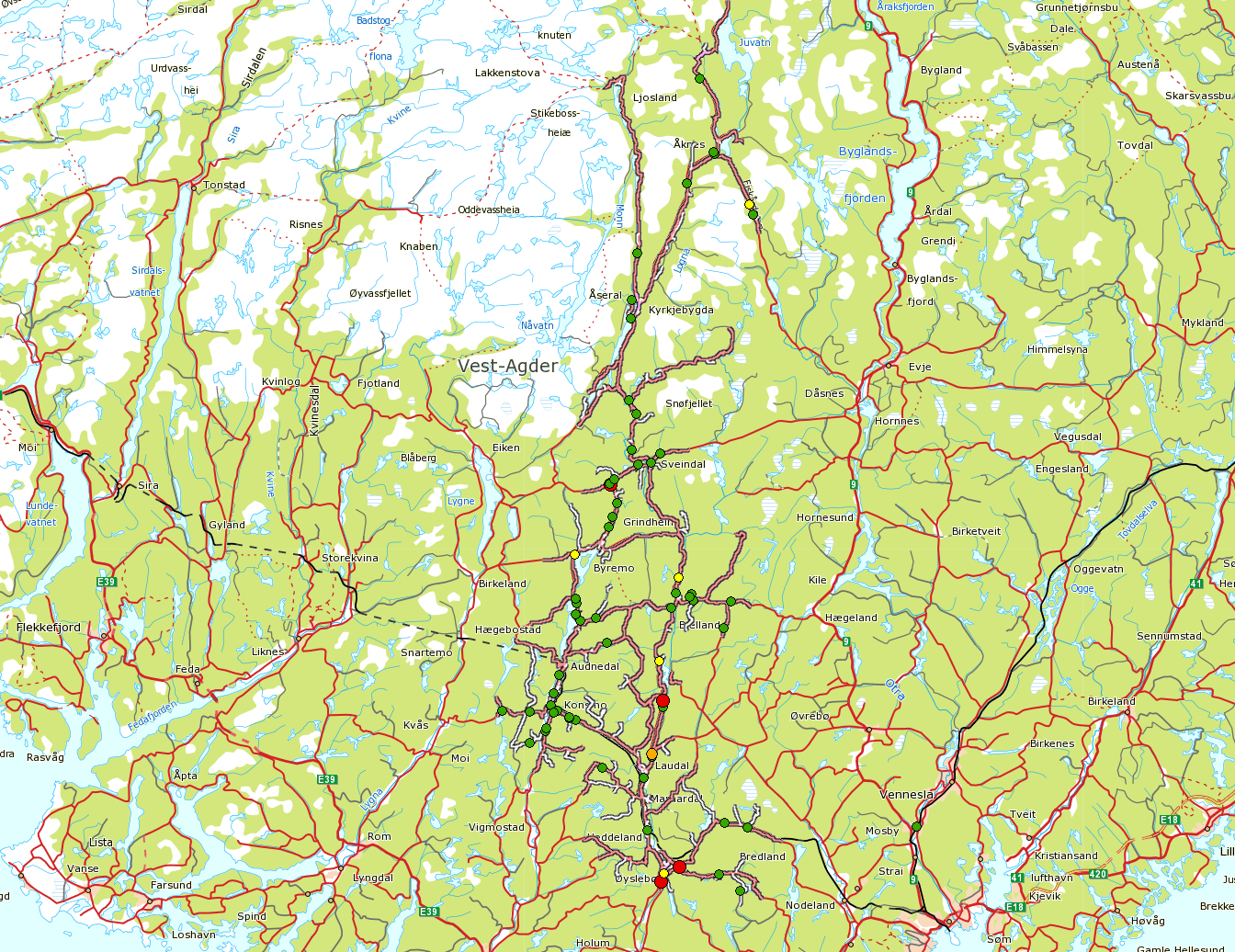 Figur 1.4 oversiktskart ulykker Kartet viser hvor ulykkene i kommunene har skjedd. Størstedelen av ulykkene har skjedd på "hovedveiene", hvor det også er mest trafikk.