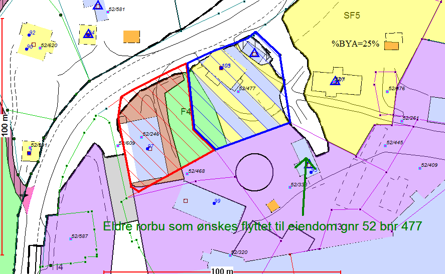 Kartfigur 2: Omsøkter eiendommer vist med underlag fra gjeldende reguleringsplan: Blå/gul farge viser arealet som er regulert til kombinert