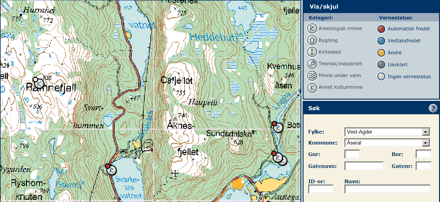 Det er heller ikke registrert treff på SEFRAK-bygninger i området (figur 27). I Direktoratet for naturforvaltning sin Naturbase (www.dirnat.