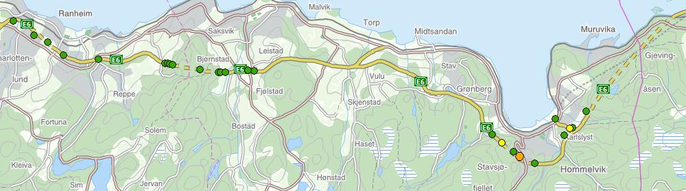 Figur 7: Ulykkesteder på strekningen Reppekrysset til Sandfærhus bru i perioden 2005-2009. Fargekoder på ulykkespunktene viser den alvorligste skadegrad ved hver ulykke.