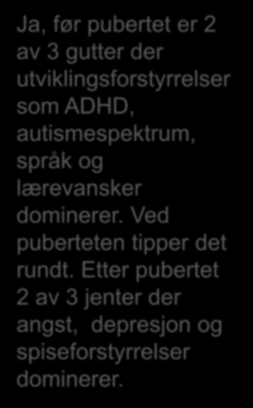 Petra fra Porsgrunn Pedro fra Porsanger Ja, før pubertet er 2 av 3 gutter der utviklingsforstyrrelser som ADHD, autismespektrum, språk og