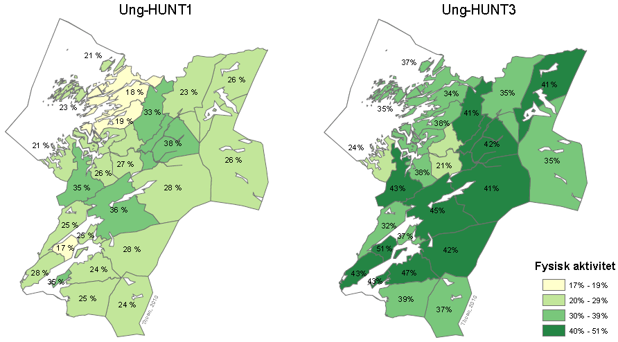 Geografiske forskjeller: Fysisk aktivitet i fritida blant ungdom 13-19 år Andelen ungdom som oppnår