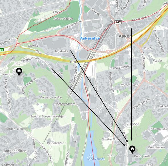 Dette kan gjøre ved å flytte kretsgrensene for Hagaløkka slik at elever fra grunnkretsene 1202, 0907 og 0904 (de nederste blokkene i Fredbos vei og områdene i Asker sentrum) kan gå til Bondi skolen.