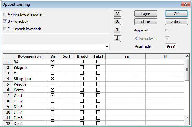 Ordinær spørring Den ordinære spørringen har flere muligheter: Aggregert: Kryss for å få frem aggregert resultat Bør da ikke vise bilagsnummer, løpenummer og tekst da dette ofte gir alle