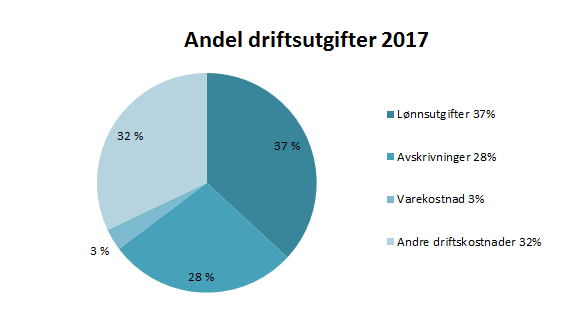 13 Figur 2: Andel driftsutgifter 2017 Lønnsutgifter Lønnsbudsjettet er økt med en stilling samtidig som tidligere års innleid arbeidskraft er redusert til null, og overført lønnsbudsjettet samt