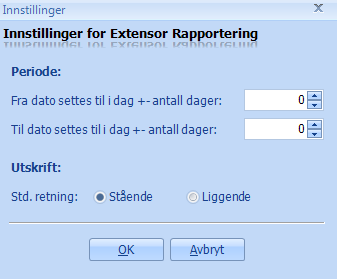 1.5 Innstillinger Noen innstillinger kan gjøres i rapportmodulen. Disse finner man ved å klikke på ikonet øverst til venstre i rapportmodulen: Når du klikker på ikonet, har man flere alternativer. 1.