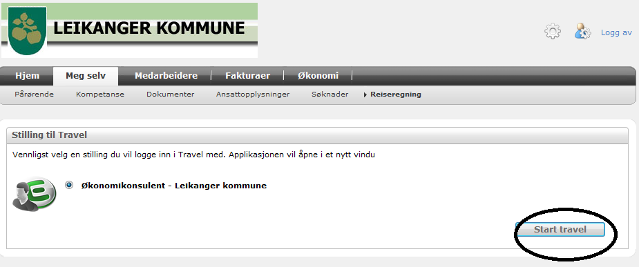 1.1 Oppstart Det er to måtar å logge seg på Visma travel : 1. via Visma enterprise og Meg Sjølv. 2. Webtilgang frå nettet, som krev e-post adresse og passord. 1.1.1 Meg sjølv Her må du velje stilling og trykke start travel.