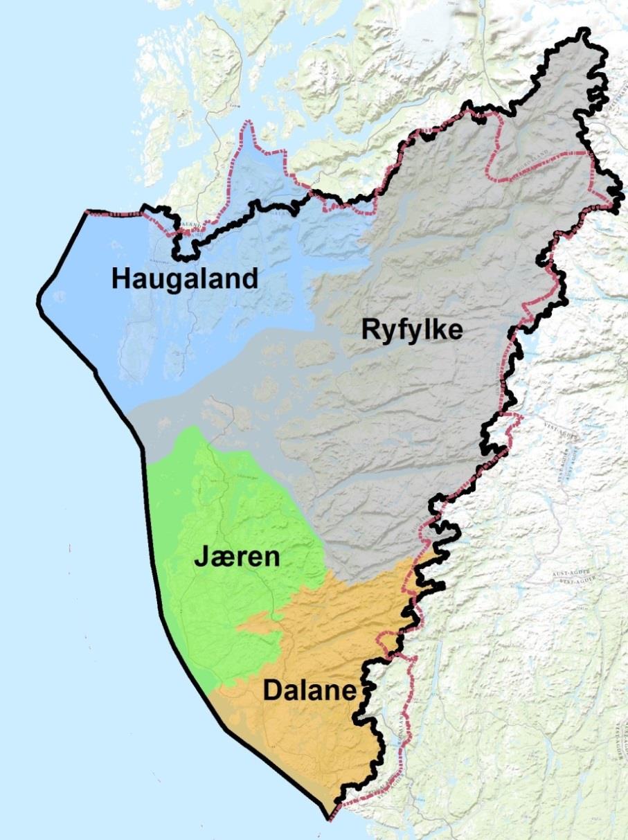 Vannregion Rogaland - Grensene følger omtrent fylkesgrensene - 4 vannområder; Dalane, Haugalandet, Jæren og Ryfylke, med vannområdeutvalg og arbeidsgruppe - Totalt 32 kommuner; De 26 kommunene i