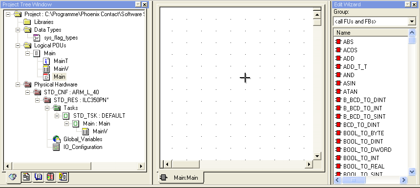 Gjør tilsvarende slik at dere kobler grx_startbryter til riktig IO. Bytt tilbake til arbeidsmiljøet IEC Programming View og gå til Main.