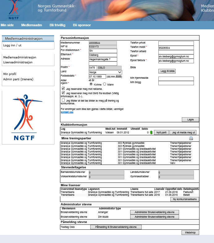 2. Påmelding med navn for enkeltmedlem Medlemmet logger inn med eget medlemsnr og passord (full innlogging) i MySoft og kommer til Min profil : Nederst i Min profil kommer påmelding til stevner opp.