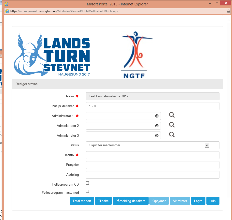 Arrangør har nå publisert Test Landsturnstevnet slik at det er åpnet for påmelding med navn. Symbolene hodet og blyant er nå aktivisert for stevnet som har fått status tilgjengelig. 4.