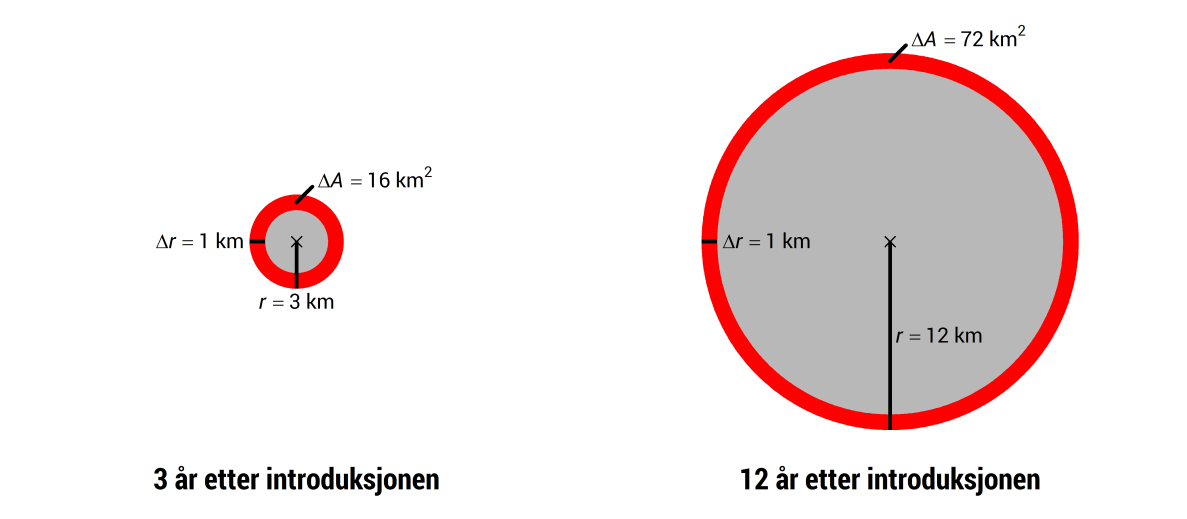 Retningslinjer for økologisk risikovurdering av fremmede arter Måleenhet på ekspansjonshastighet Prinsipielt kan man forestille seg ulike måter/enheter å måle ekspansjon på/i: som absolutt