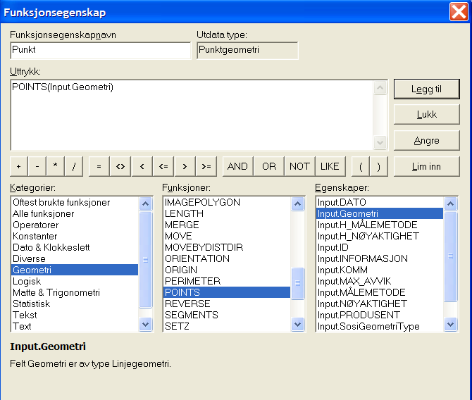 3.3.3. LAG HJELPESPØRRING KNEKKPUNKT I FLATER Start kommando Analyse - Funksjonsegenskaper. Velg objekttype ArealressursFlate. Definer funksjonsegenskaper med knapp Ny.