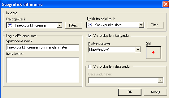 Gi spørringa navn Knekkpunkt i flater. Ikke vis spørringa i kartvindu eller datavindu. Avslutt med knapp OK. 3.3.4. LAG ENDELIG SPØRRING Start kommando Analyse - Geografisk differanse.