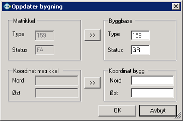 OPPDATER BYGNING Hvis det er avvik mellom byggbasen og Matrikkelen, er det mulig å oppdatere egenskapene bygningstype og bygningsstatus i alle relevante brukstilfeller.