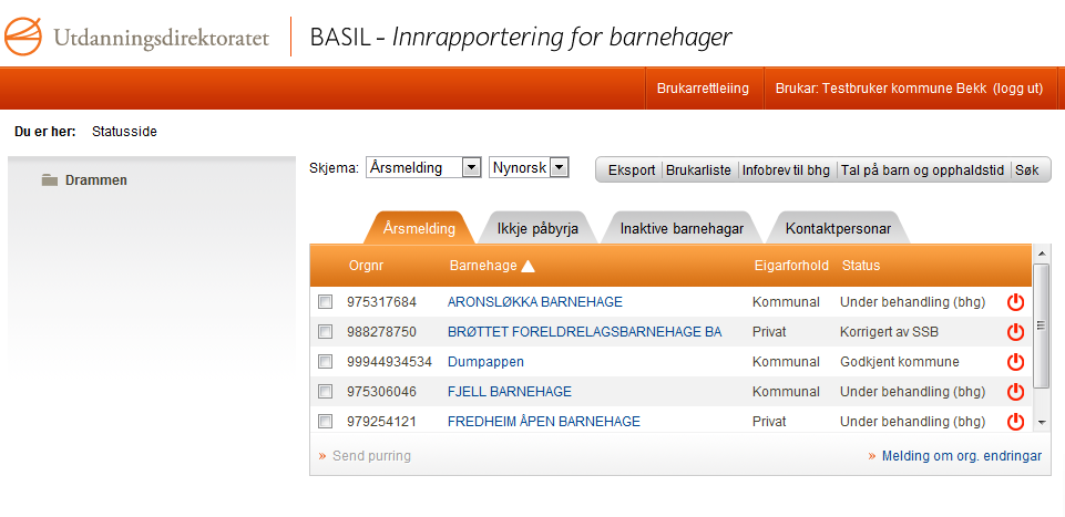 Kommune 1. Kommunen skal generere informasjonsbrev som vert sende til alle barnehagane som skal rapportere i årsmeldinga.