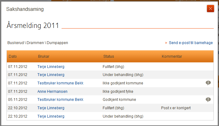 Når statusnivået til skjemaet er Fullført (bhg.), kan kommunebrukaren opne skjemaet ved å klikke på ikonet. Skjemasidene kontrollerast manuelt mot motteken papirkopi frå barnehagen.
