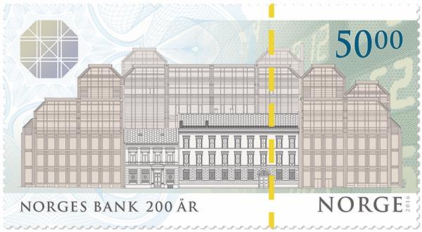 Frimerkeutgivelsene 1. oktober Norges Bank 200 år Den 14. juni 1816 ble Norges Bank grunnlagt. Norges Bank hadde opprinnelig hovedsete i Trondheim.
